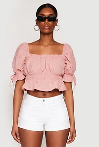 Womens Eyelet Puff Sleeve Peplum Crop Top, Pink, Size S