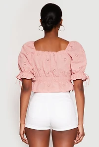 Womens Eyelet Puff Sleeve Peplum Crop Top, Pink, Size S