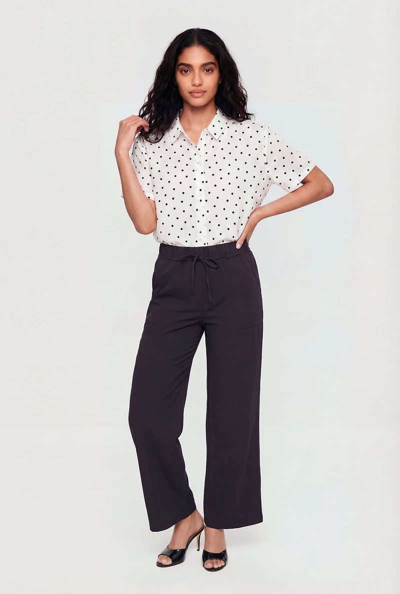 Polka Dot Satin Cropped Button Front Shirt