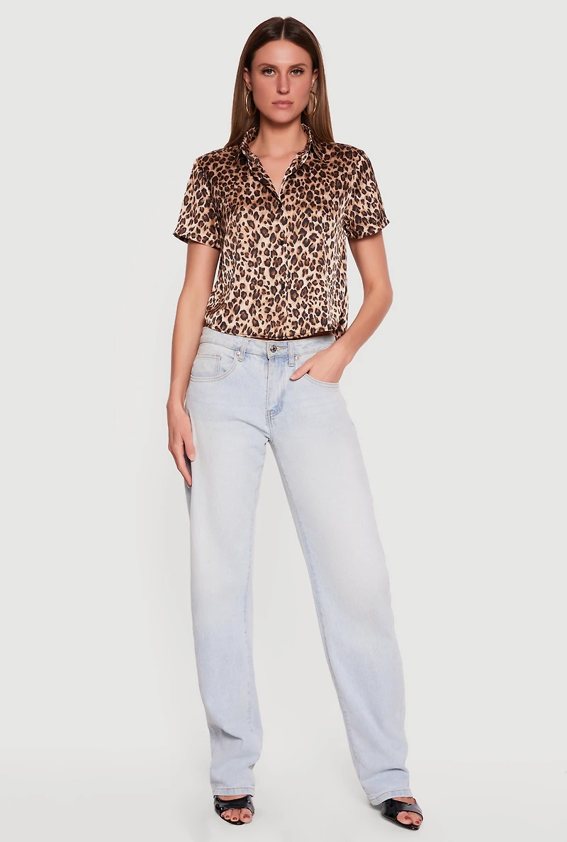 Satin Animal Print Short Sleeve Button Front Shirt