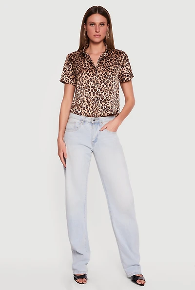 Satin Animal Print Short Sleeve Button Front Shirt