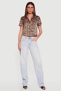 Satin Animal Print Short Sleeve Button Front Shirt