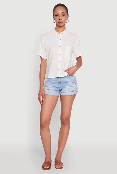 Womens Boxy Short Sleeve Shirt with Side Slit, White, Size L