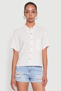 Womens Boxy Short Sleeve Shirt with Side Slit, White, Size S