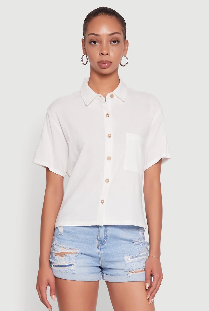 Womens Boxy Short Sleeve Shirt with Side Slit, White, Size S