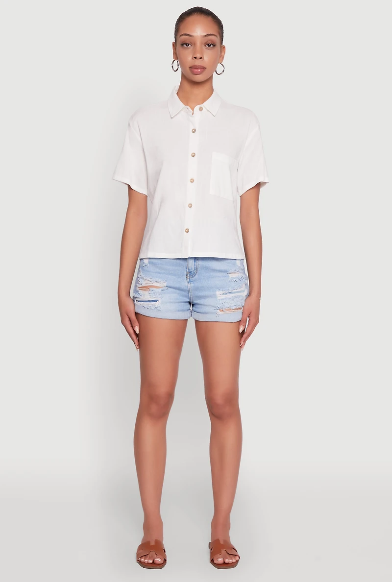 Womens Boxy Short Sleeve Shirt with Side Slit, White, Size S