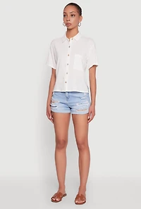 Womens Boxy Short Sleeve Shirt with Side Slit, White, Size S