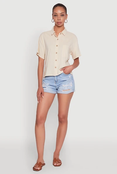 Womens Boxy Short Sleeve Shirt with Side Slit, Beige, Size M