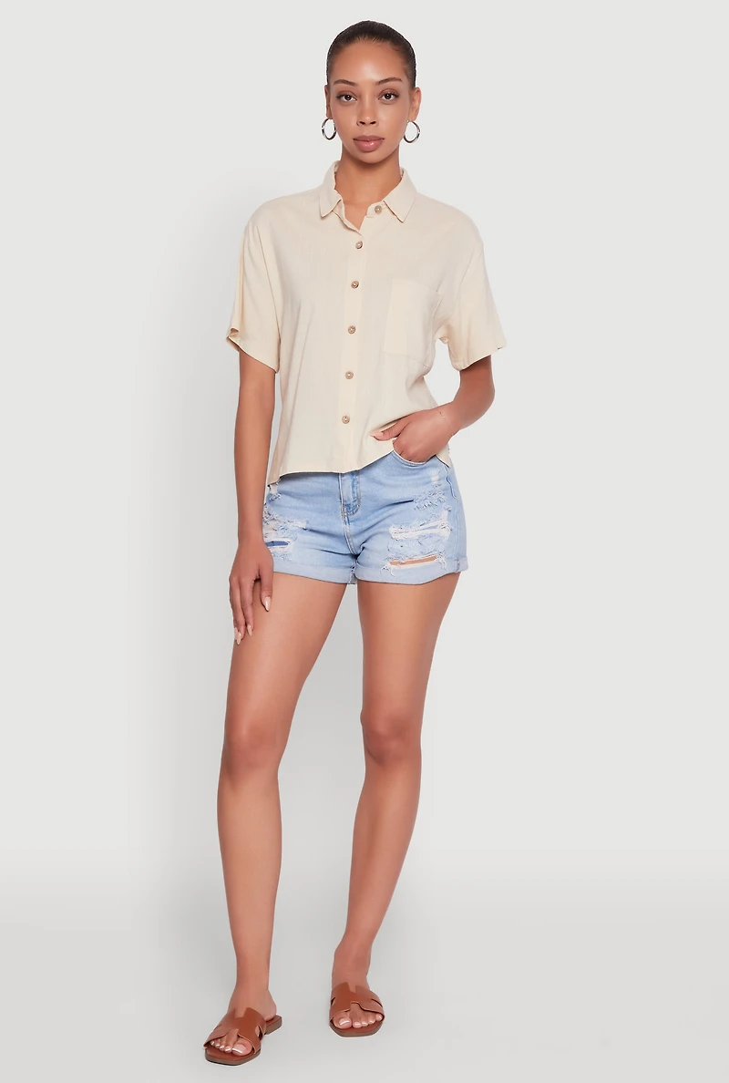 Womens Boxy Short Sleeve Shirt with Side Slit, Beige, Size S