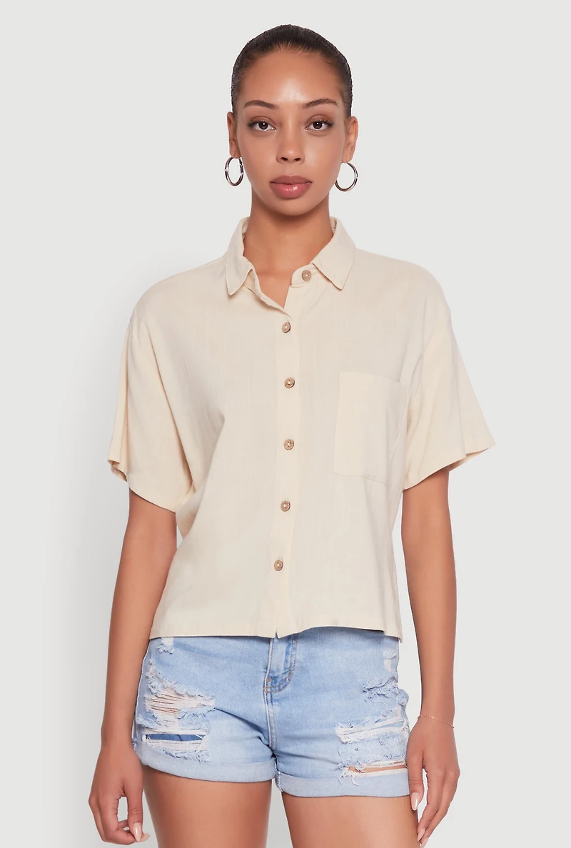 Womens Boxy Short Sleeve Shirt with Side Slit, Beige, Size S