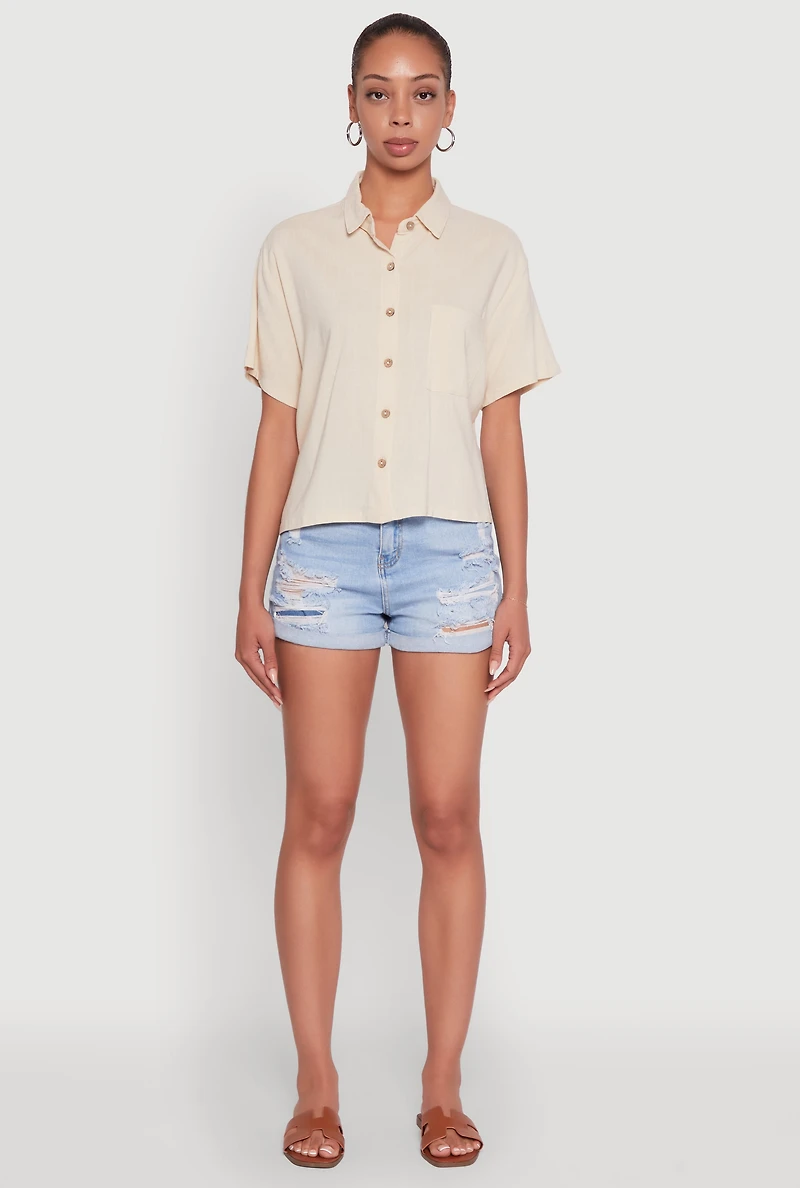 Womens Boxy Short Sleeve Shirt with Side Slit, Beige, Size M