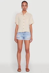 Womens Boxy Short Sleeve Shirt with Side Slit, Beige, Size M