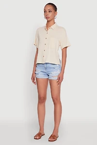 Womens Boxy Short Sleeve Shirt with Side Slit, Beige, Size M