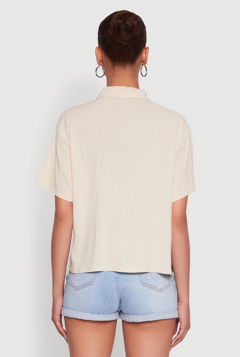 Womens Boxy Short Sleeve Shirt with Side Slit, Beige, Size M