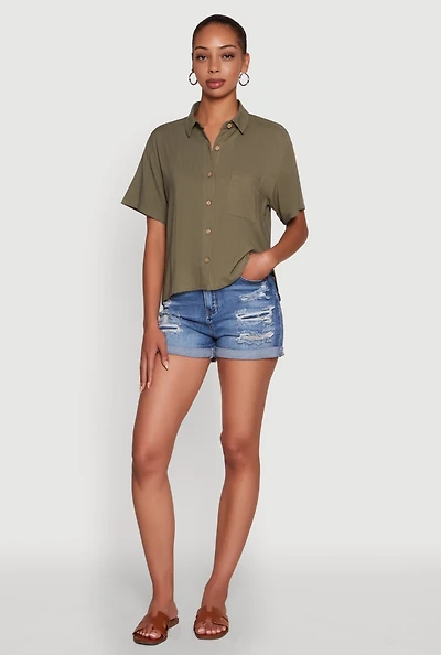 Womens Boxy Short Sleeve Shirt with Side Slit, Green, Size M