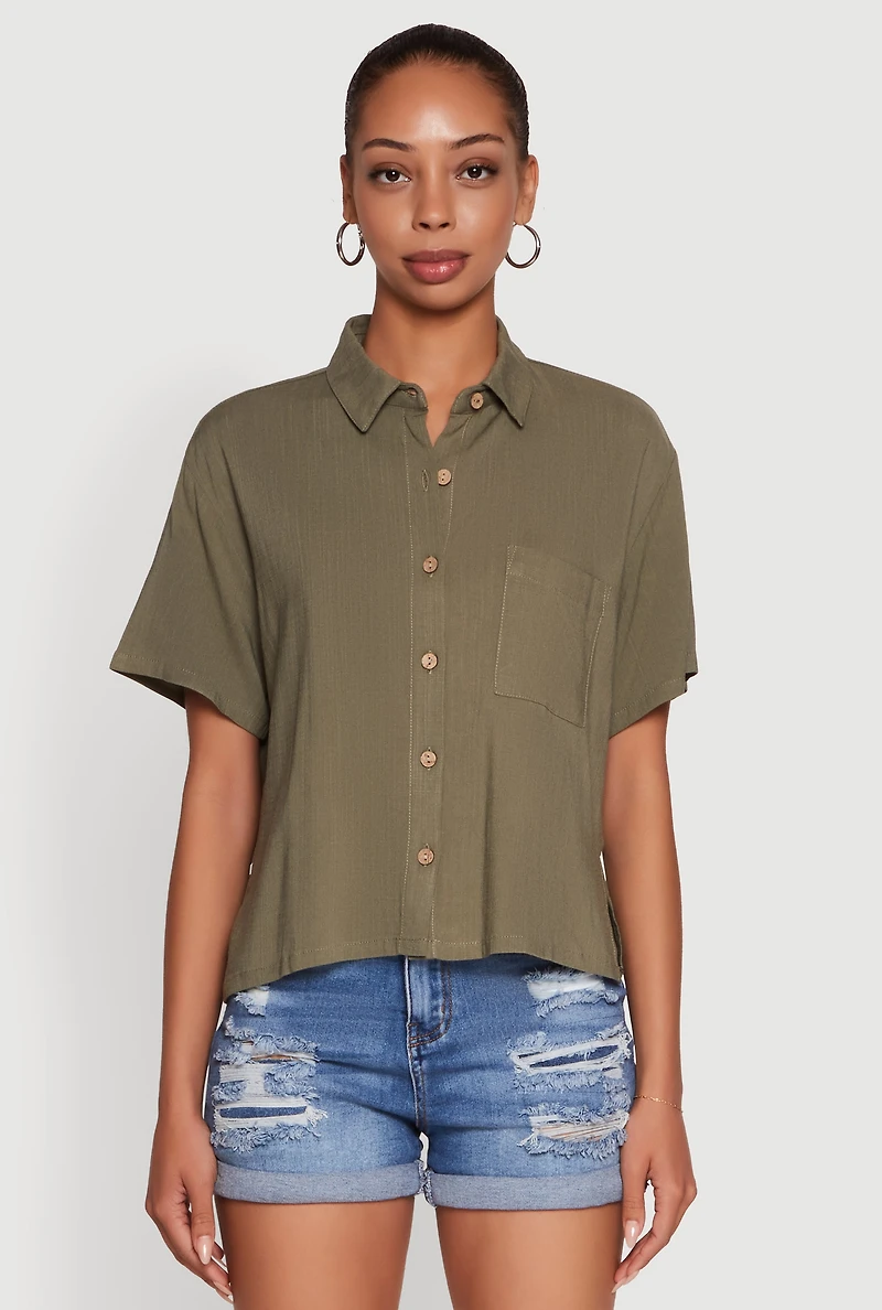 Womens Boxy Short Sleeve Shirt with Side Slit, Green, Size S