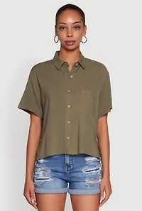 Womens Boxy Short Sleeve Shirt with Side Slit, Green, Size S