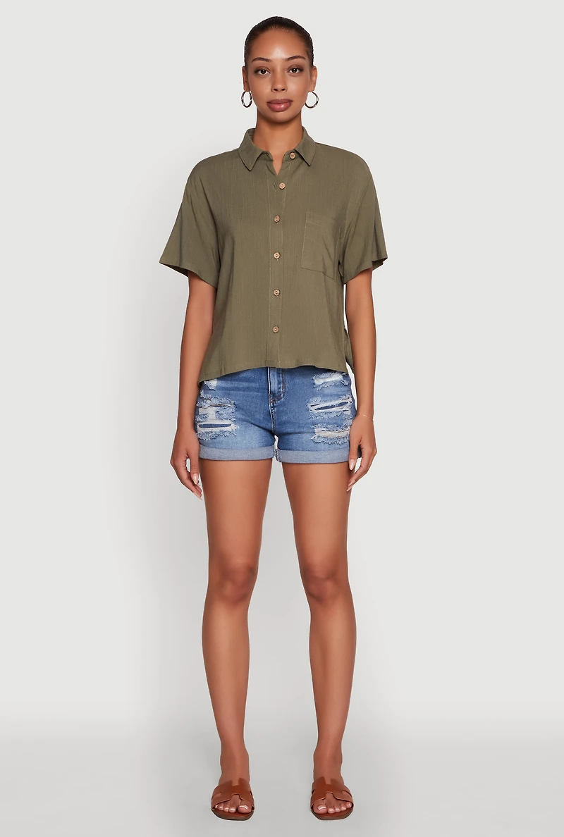 Womens Boxy Short Sleeve Shirt with Side Slit, Green, Size S