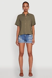 Womens Boxy Short Sleeve Shirt with Side Slit, Green, Size S