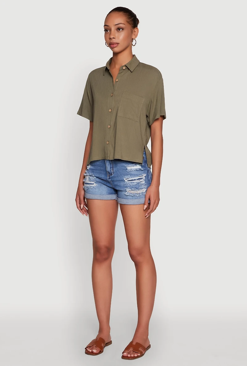 Womens Boxy Short Sleeve Shirt with Side Slit, Green, Size S
