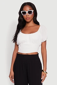 Womens Peasant Top with Puff Sleeves and Scoop Neck, White, Size M
