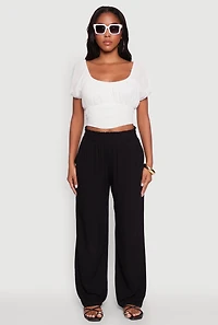 Womens Peasant Top with Puff Sleeves and Scoop Neck, White, Size M