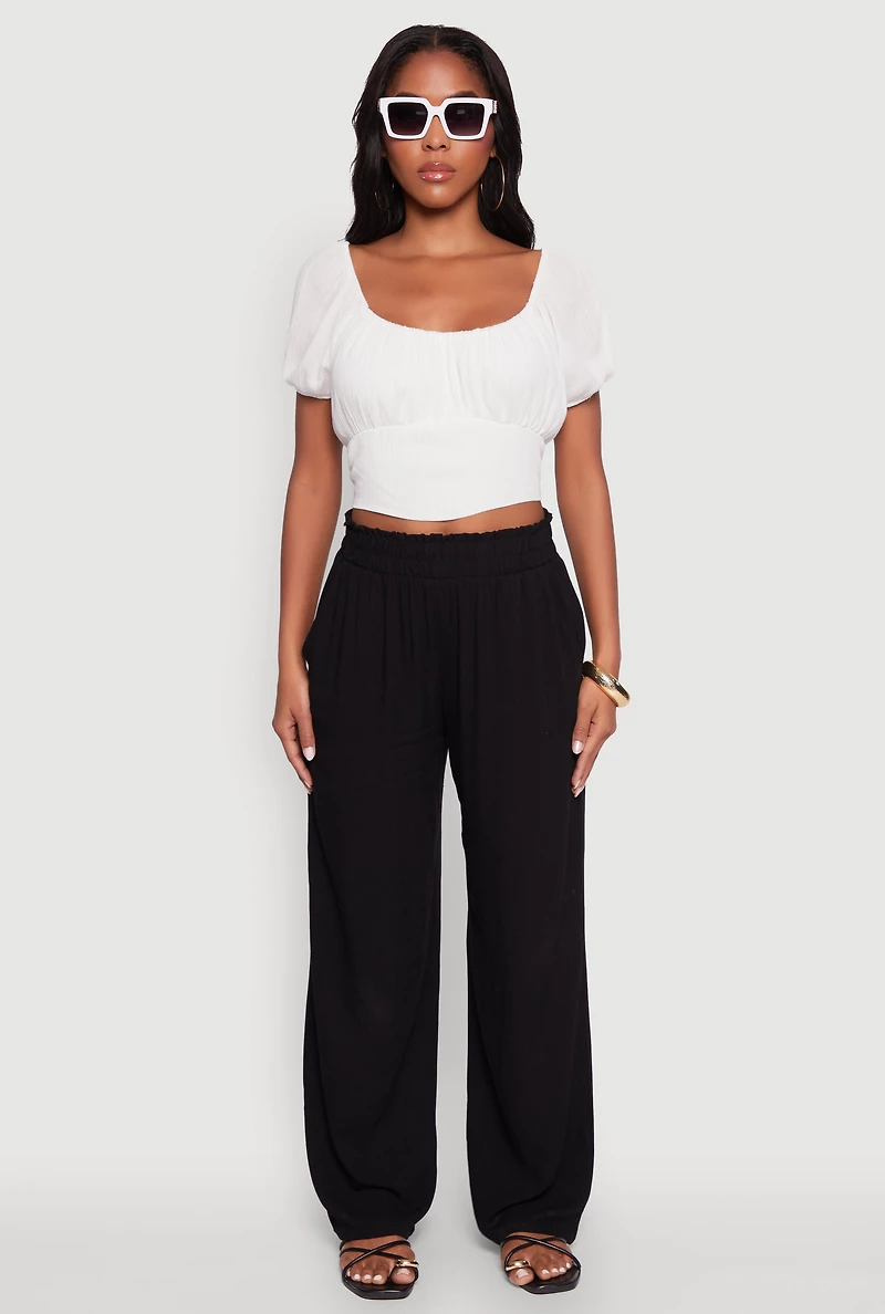 Womens Peasant Top with Puff Sleeves and Scoop Neck, White, Size S