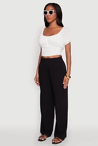 Womens Peasant Top with Puff Sleeves and Scoop Neck, White, Size M