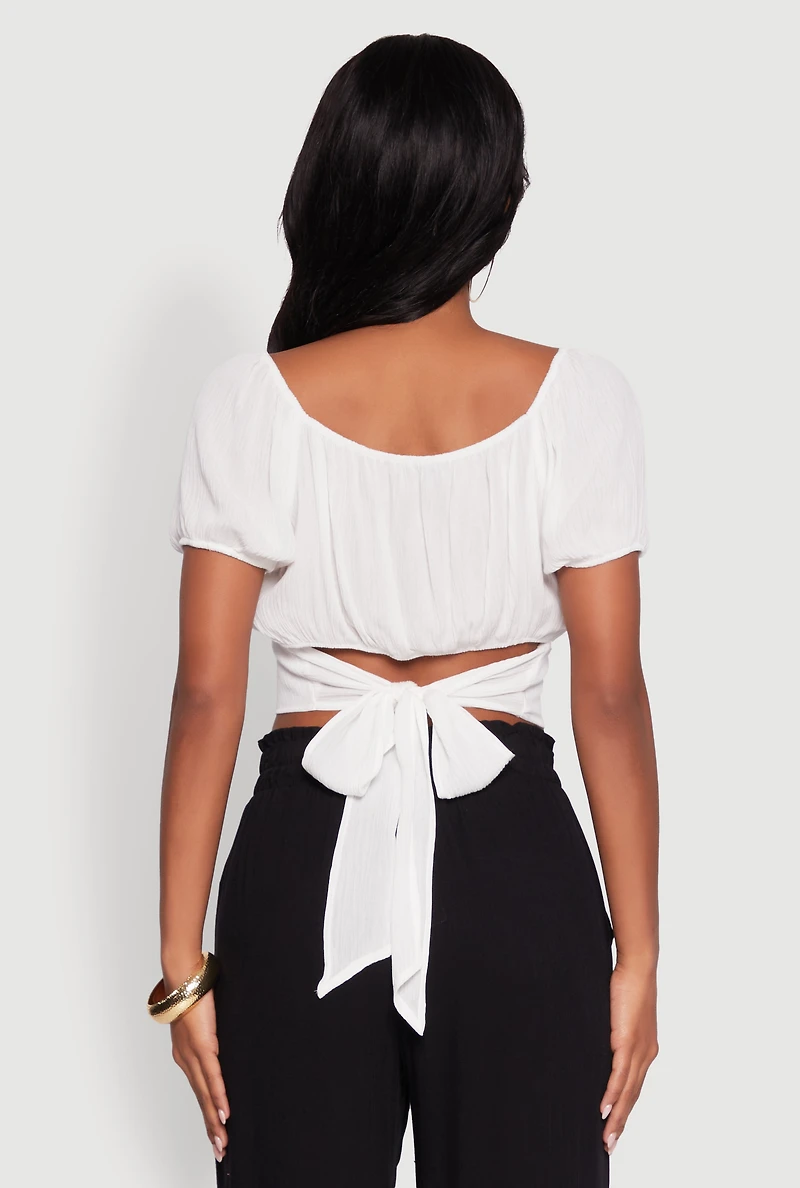 Womens Peasant Top with Puff Sleeves and Scoop Neck, White, Size S