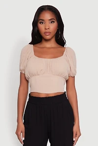 Womens Peasant Top with Puff Sleeves and Scoop Neck, Beige, Size S