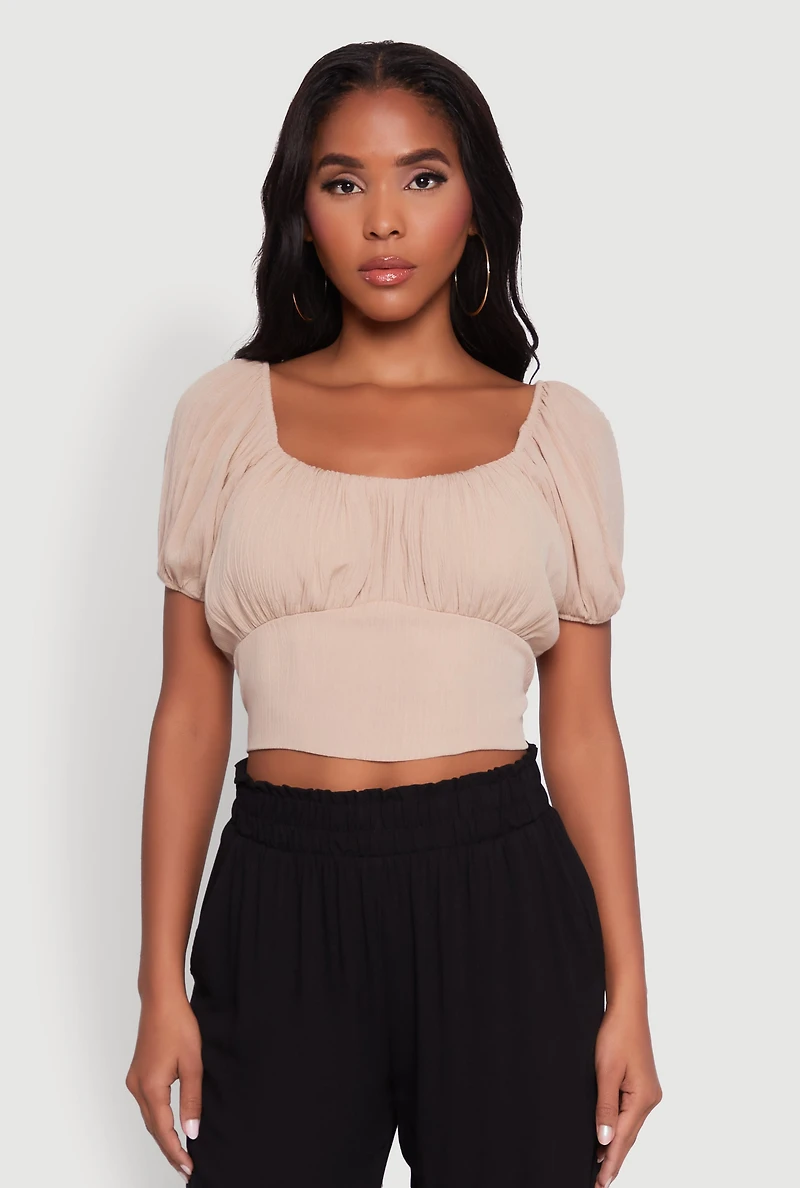 Womens Peasant Top with Puff Sleeves and Scoop Neck, Beige, Size L