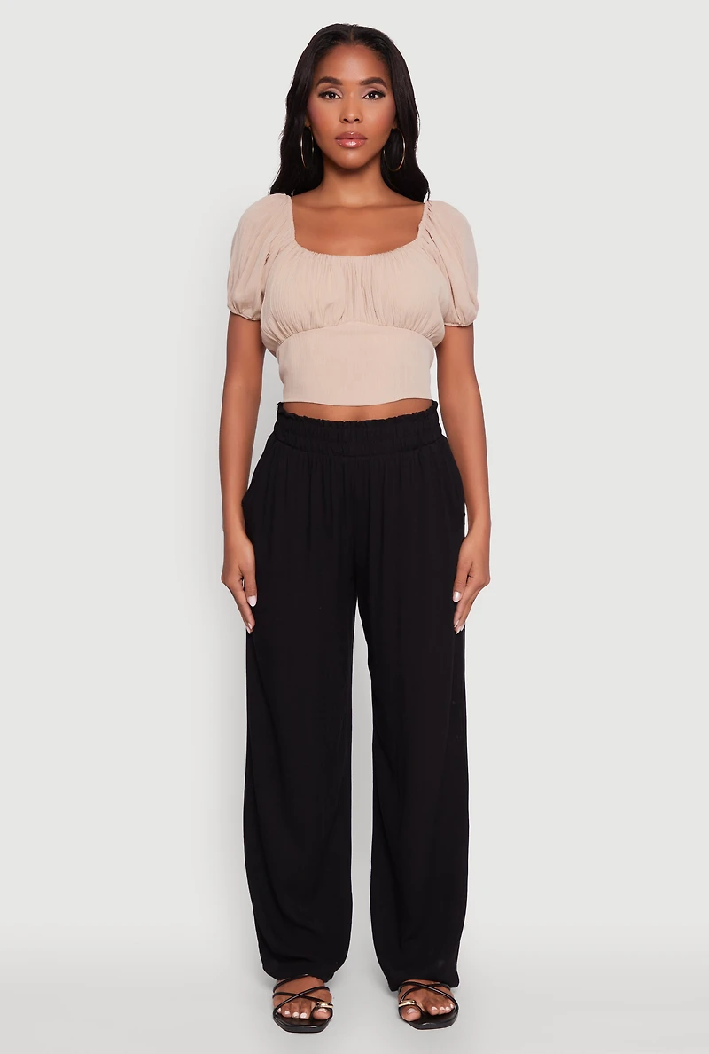 Womens Peasant Top with Puff Sleeves and Scoop Neck,