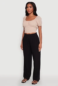 Womens Peasant Top with Puff Sleeves and Scoop Neck, Beige, Size L