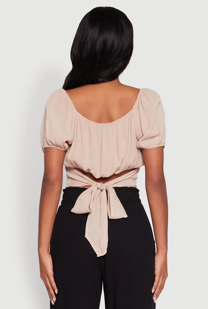 Womens Peasant Top with Puff Sleeves and Scoop Neck, Beige, Size L