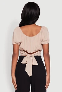Womens Peasant Top with Puff Sleeves and Scoop Neck, Beige, Size L