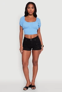 Womens Peasant Top with Puff Sleeves and Scoop Neck, Blue, Size S