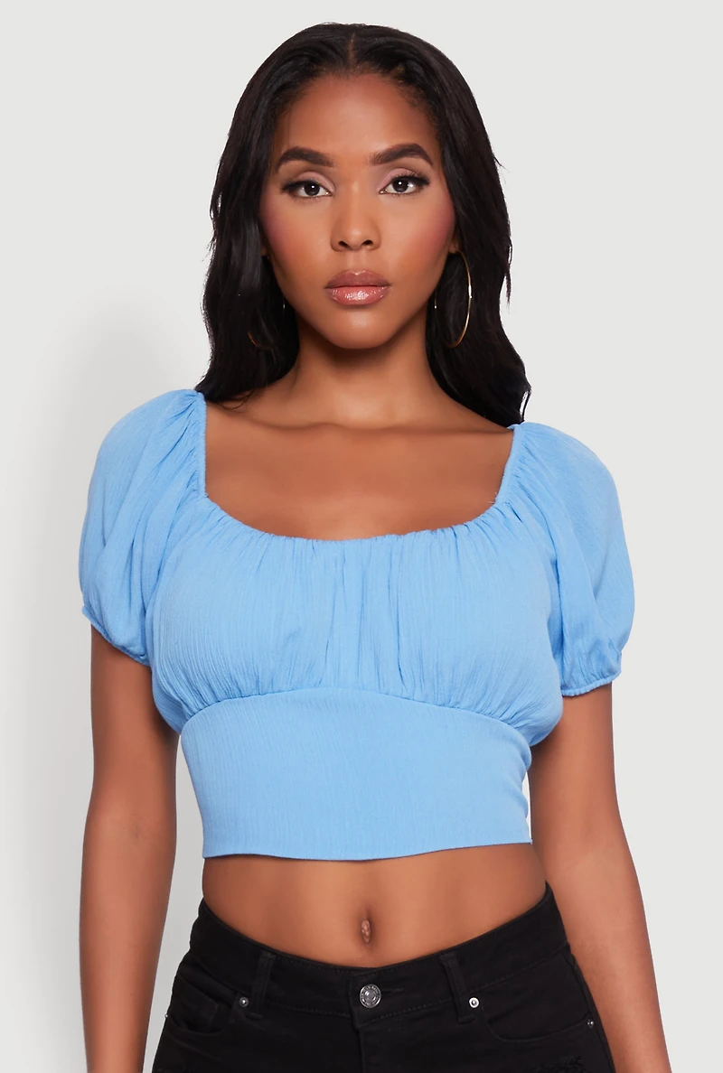 Womens Peasant Top with Puff Sleeves and Scoop Neck, Blue, Size S