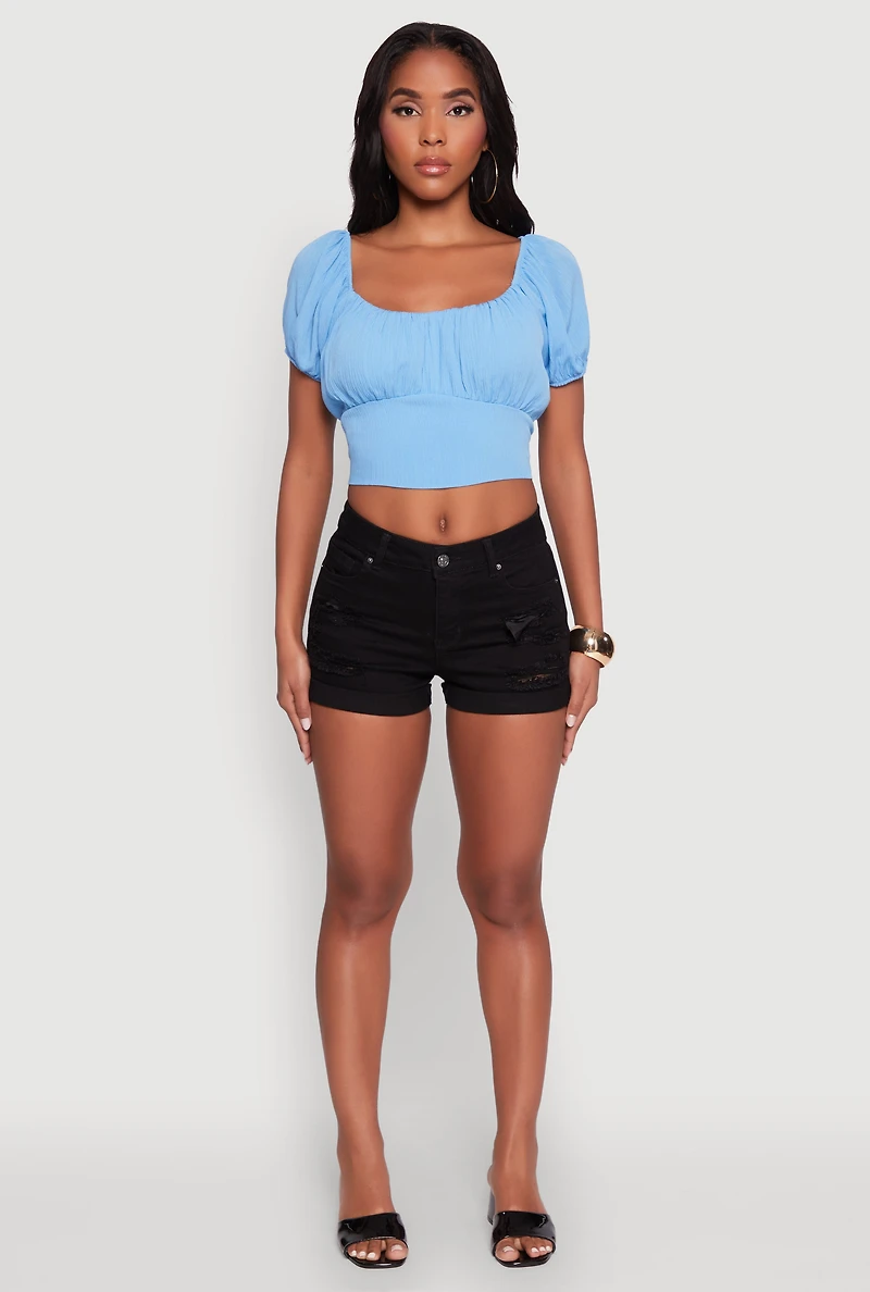 Womens Peasant Top with Puff Sleeves and Scoop Neck, Blue, Size S