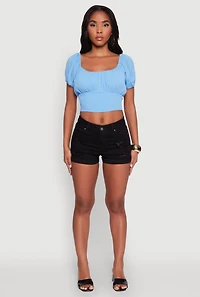 Womens Peasant Top with Puff Sleeves and Scoop Neck, Blue, Size S