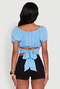 Womens Peasant Top with Puff Sleeves and Scoop Neck, Blue, Size S