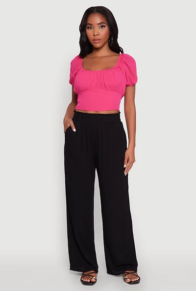 Womens Peasant Top with Puff Sleeves and Scoop Neck, Pink, Size M