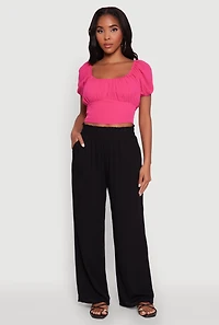 Womens Peasant Top with Puff Sleeves and Scoop Neck, Pink, Size M