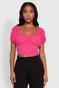 Womens Peasant Top with Puff Sleeves and Scoop Neck, Pink, Size M