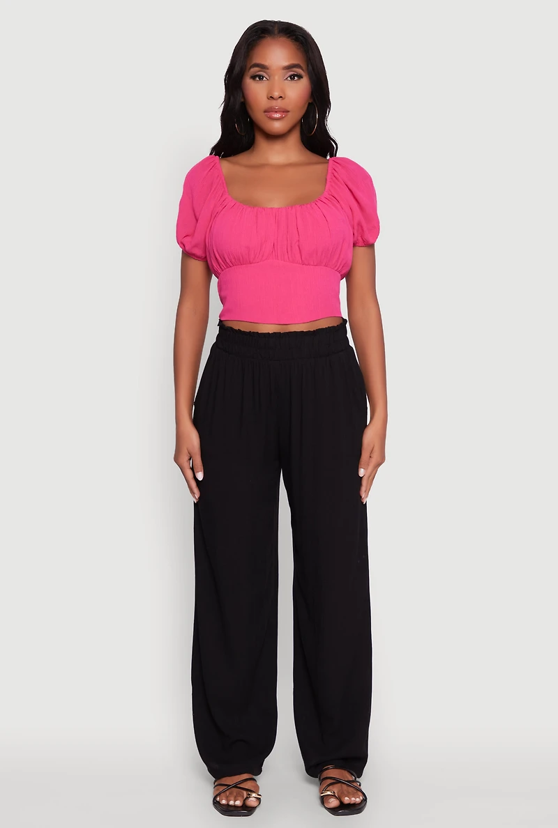 Womens Peasant Top with Puff Sleeves and Scoop Neck, Pink, Size M