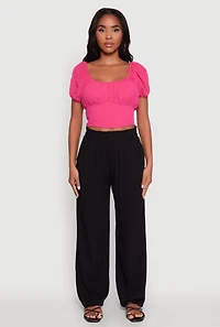 Womens Peasant Top with Puff Sleeves and Scoop Neck, Pink, Size M