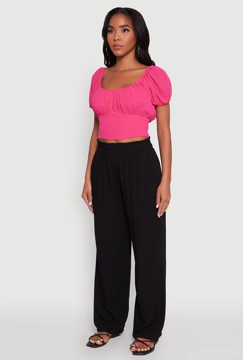 Womens Peasant Top with Puff Sleeves and Scoop Neck, Pink, Size M
