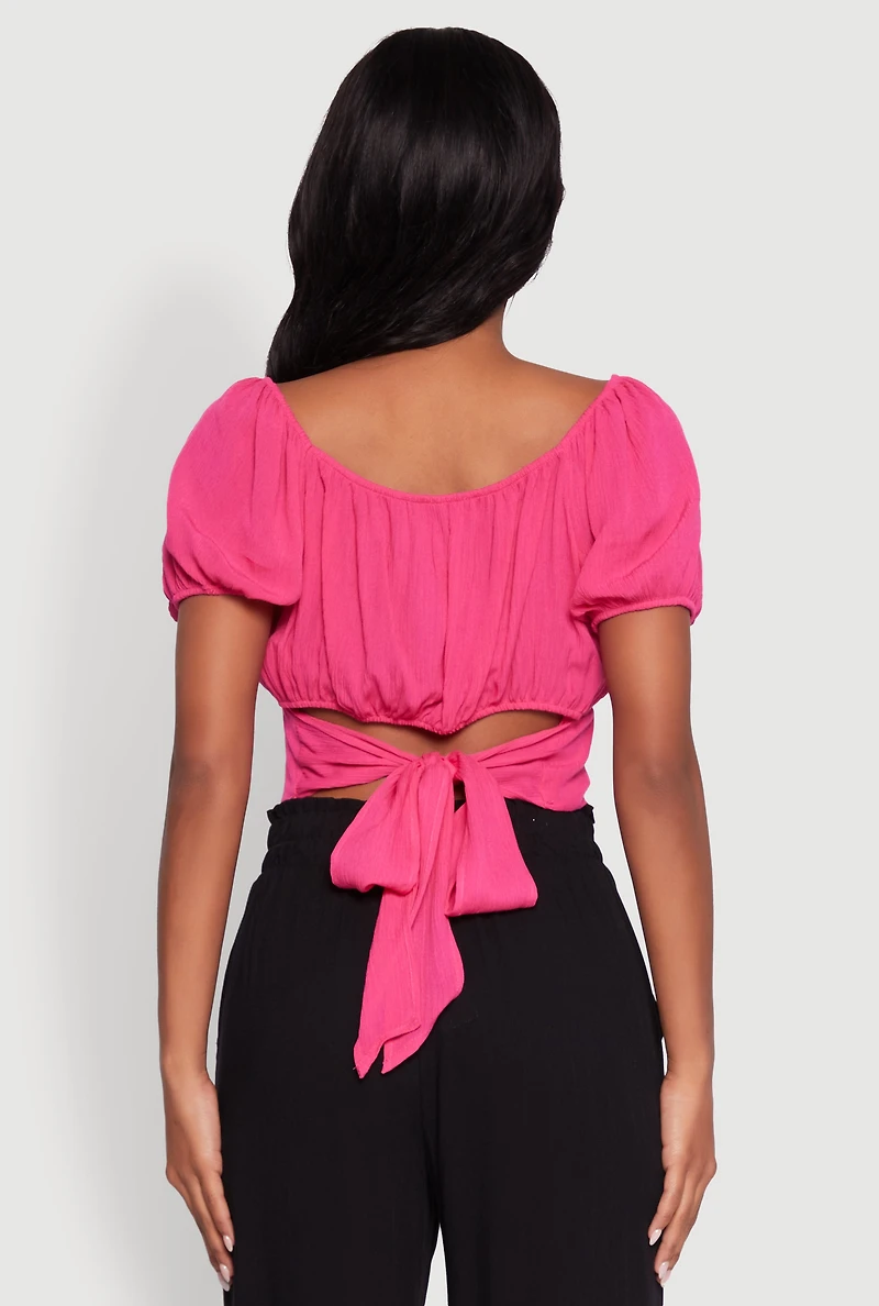 Womens Peasant Top with Puff Sleeves and Scoop Neck, Pink, Size M