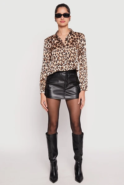 Satin Leopard Print Button Front Cropped Shirt