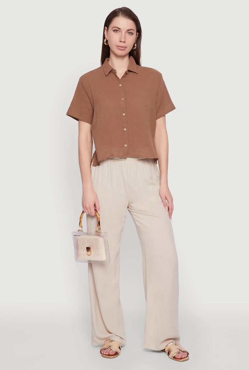 Womens Ambiance Cotton Short Sleeve Boxy Shirt, Brown, Size S