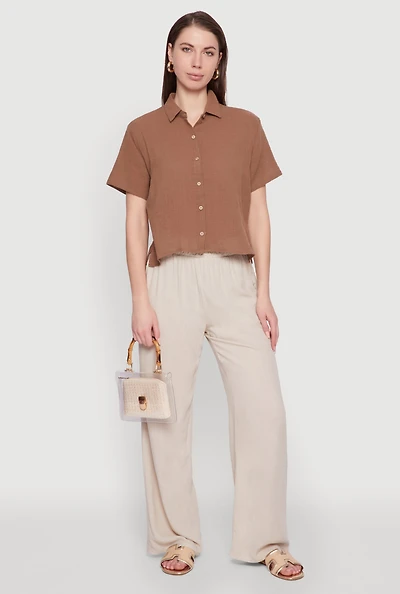 Womens Ambiance Cotton Short Sleeve Boxy Shirt, Brown, Size S
